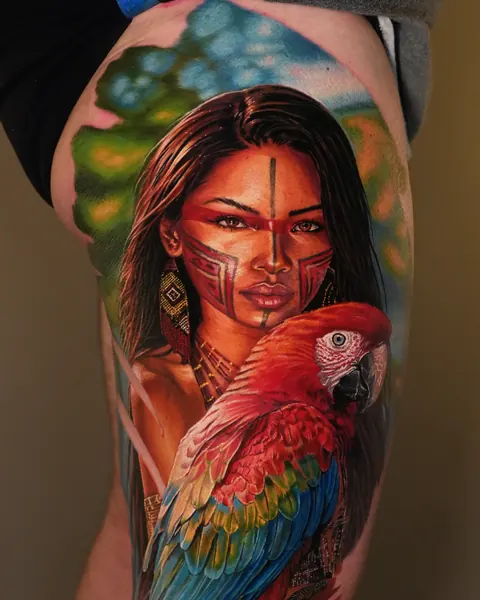 Mulher indígena com uma arara vermelha, tatuagem em cor na coxa.