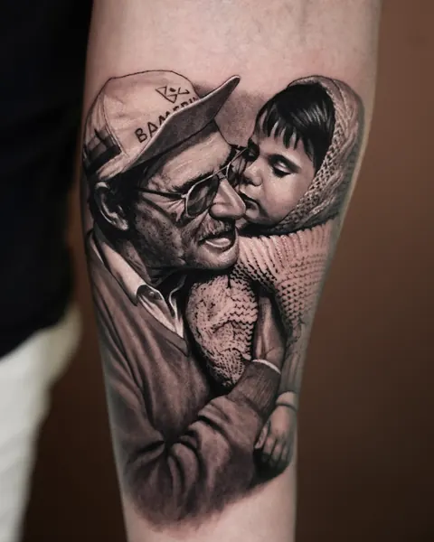 Avô abraçando o neto, tatuagem em preto e cinza no antebraço.
