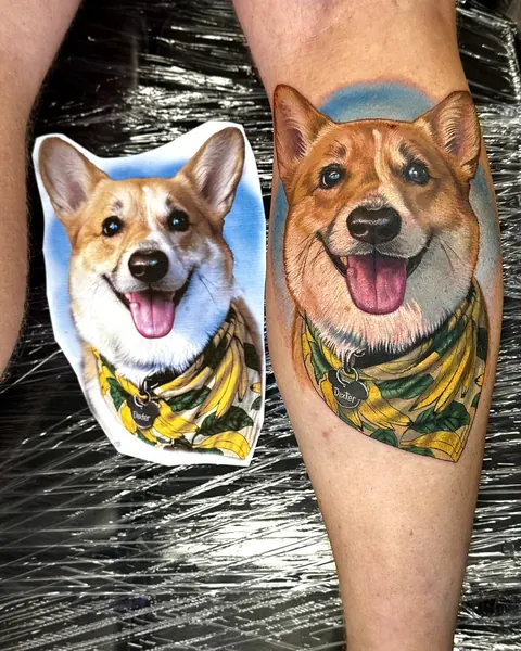 Foto impressa de um cachorro corgi ao lado do retrato dele tatuado em cor na panturrilha.