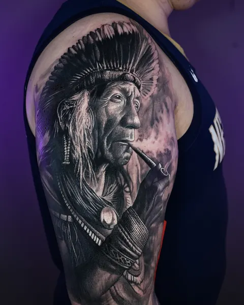 Retrato de um cacique com cocar, tatuagem em preto e cinza no braço.
