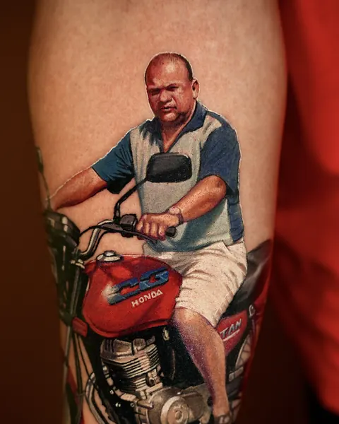 Homem sentado em uma moto vermelha, tatuagem em cor na perna.