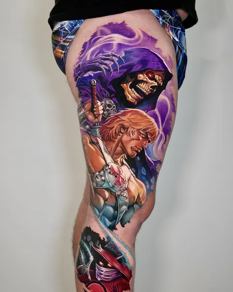 Perna inteira tatuada em cor com personagens em tons de roxo e azul.