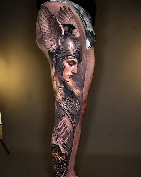Perna inteira tatuada em preto e cinza com figura de guerreira e asas.