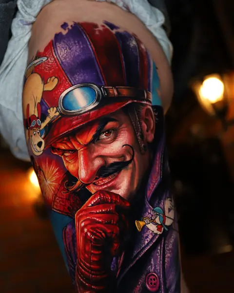 Personagem de desenho animado com capacete de aviador, tatuagem em cor.
