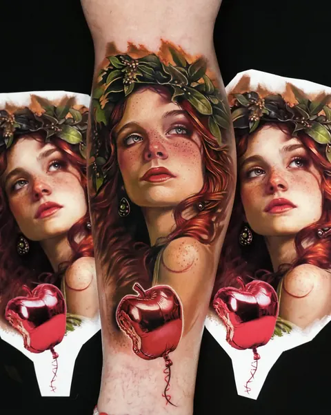 Composição impressa e recortada ao lado da tatuagem pronta na perna.