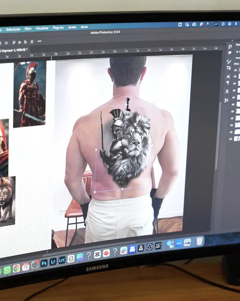 Tela do computador com a composição de leão e guerreiro montada sobre a foto das costas do cliente.
