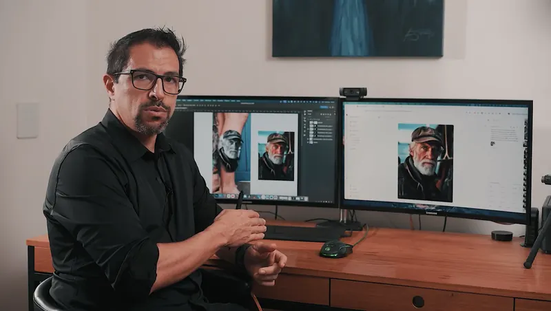 Fernando Souza na mesa de trabalho, montando a composição no computador com a referência em duas telas.